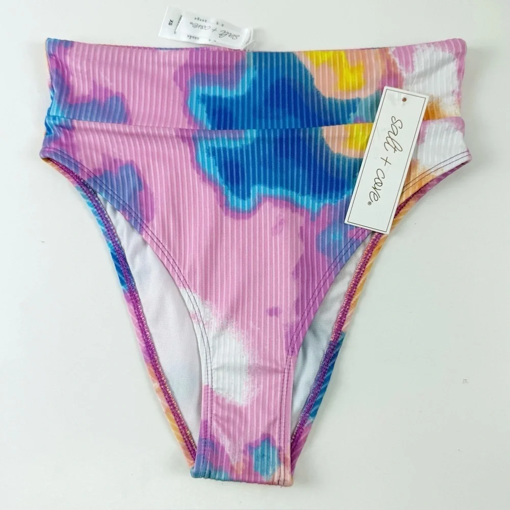 Salt + Cove Bikini Bottom Junior Size XS Pink Multi Hazy Pattern Swim Ribbed NWT